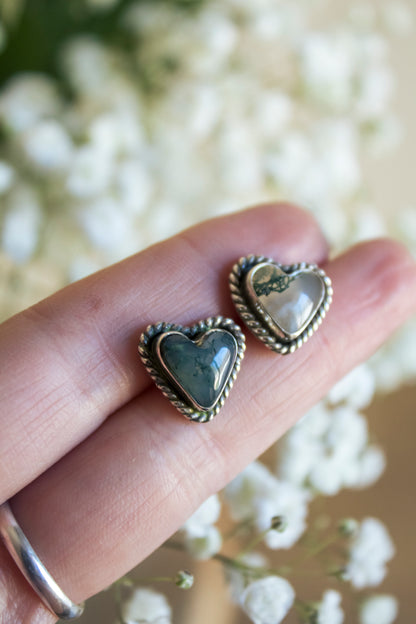 Utah Moss Agate Heart Stud Earrings