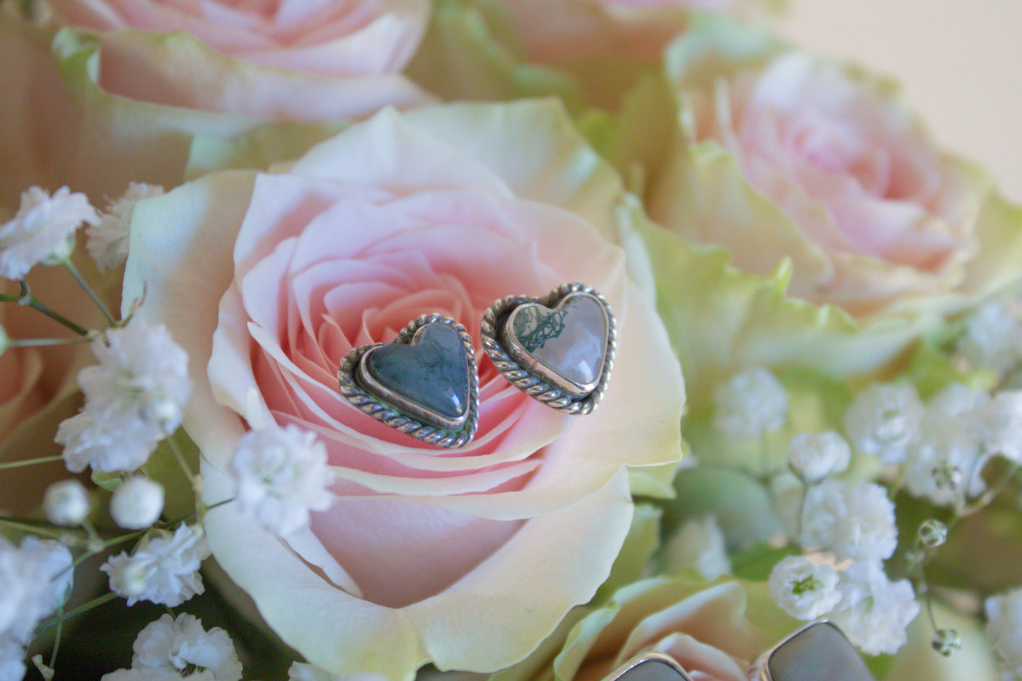 Utah Moss Agate Heart Stud Earrings
