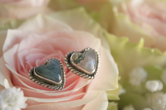 Utah Moss Agate Heart Stud Earrings