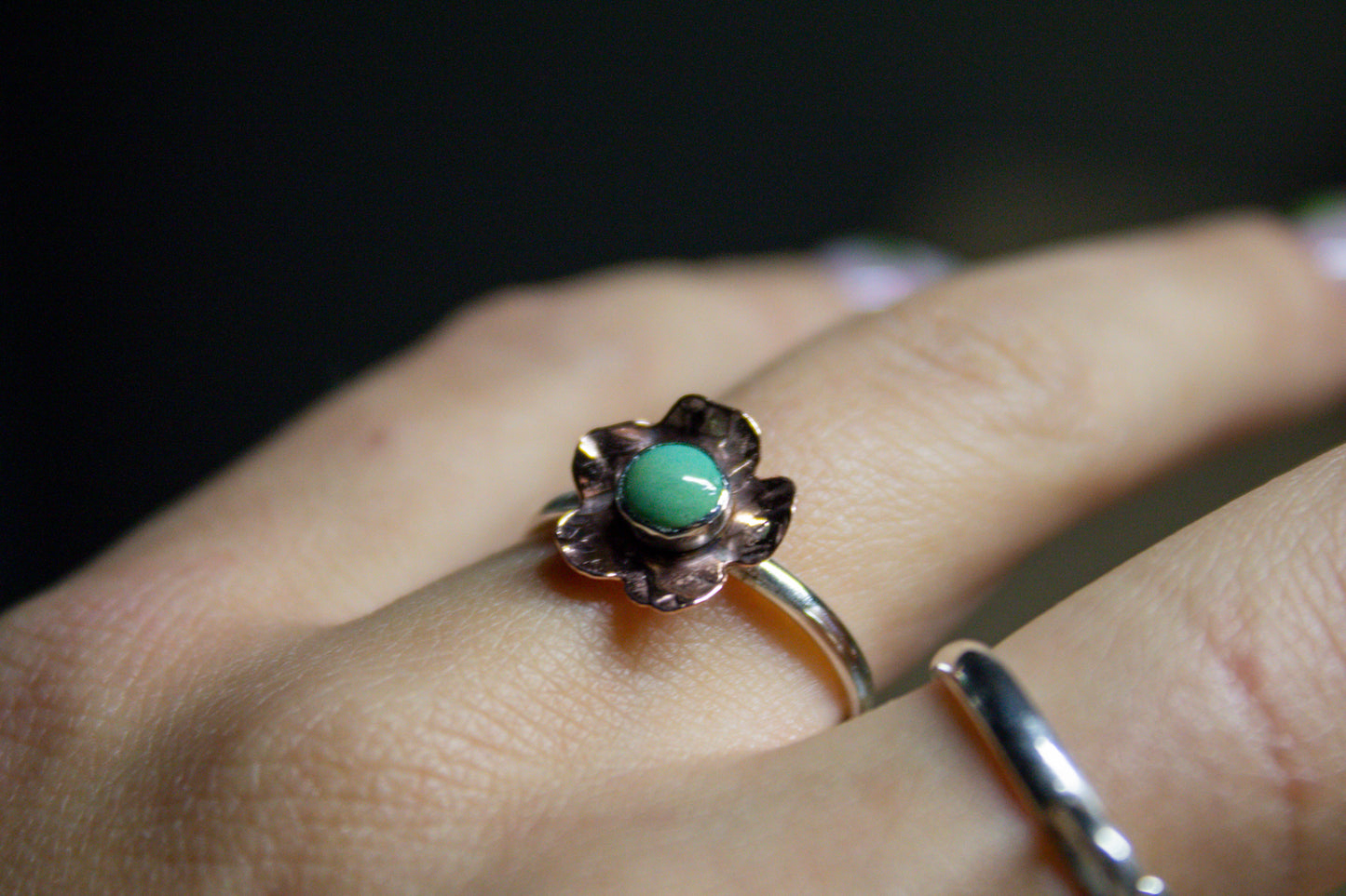 Desert Flower Sonoran Turquoise Copper and Silver Ring- Size 8