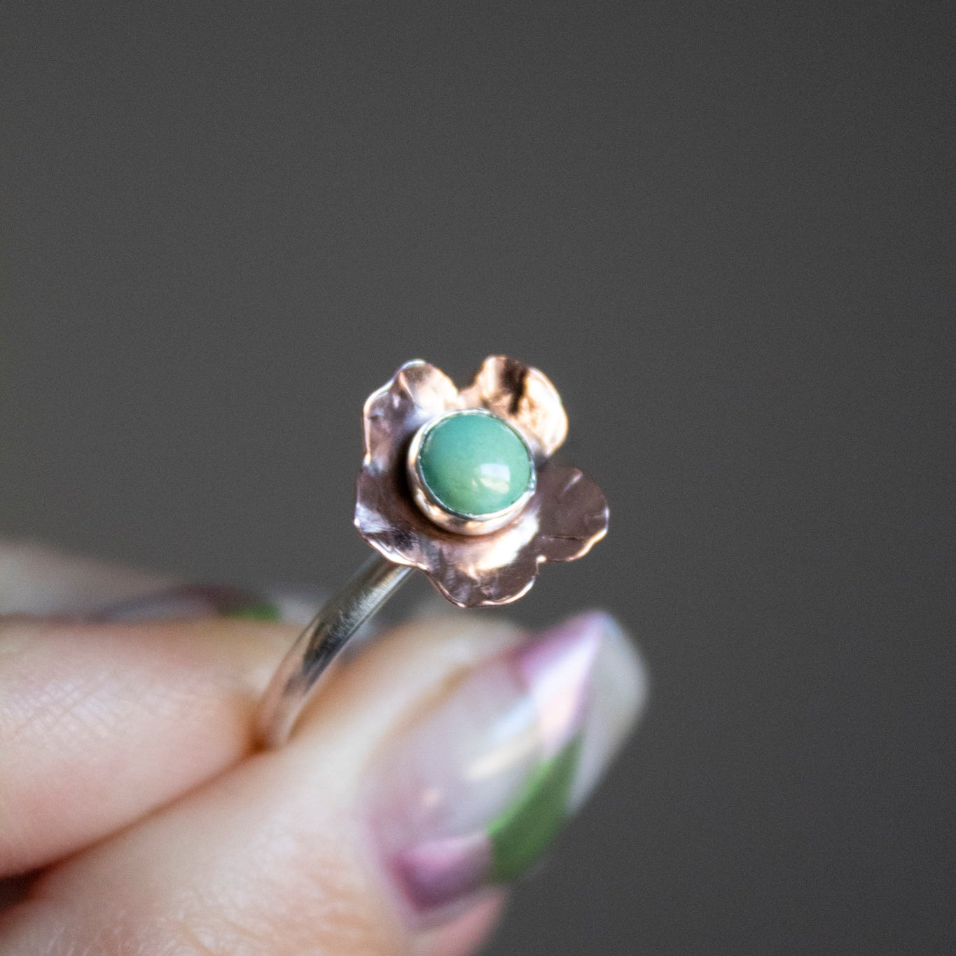 Desert Flower Sonoran Turquoise Copper and Silver Ring- Size 8